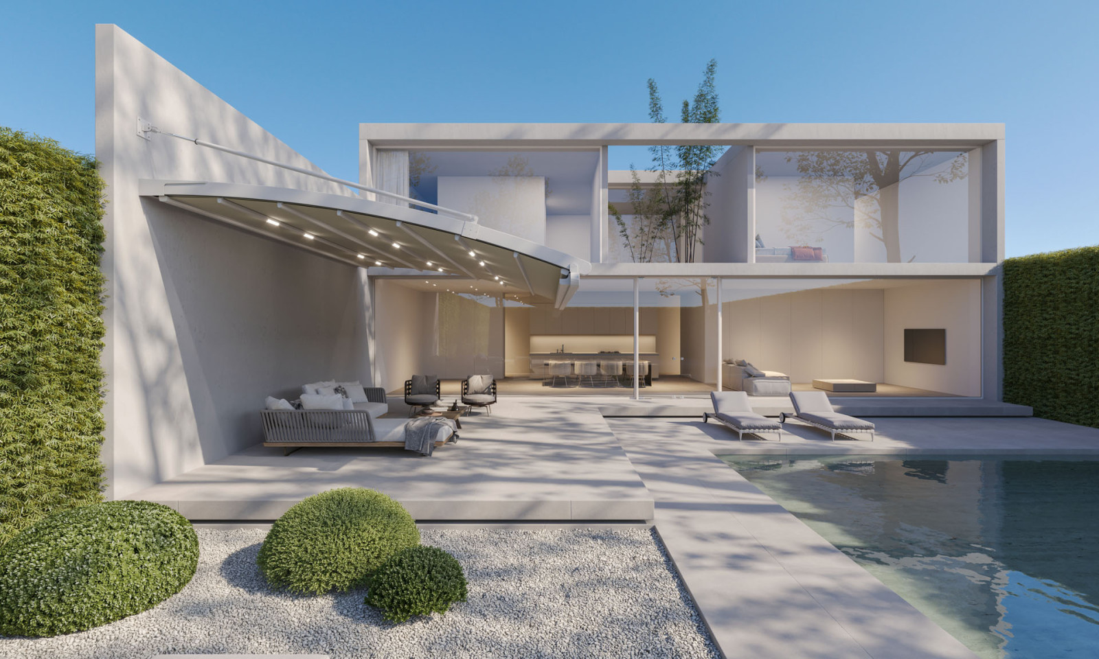 Image of a contemporary home with a pool and garden, showcasing fabric pergolas with a rounded roof.