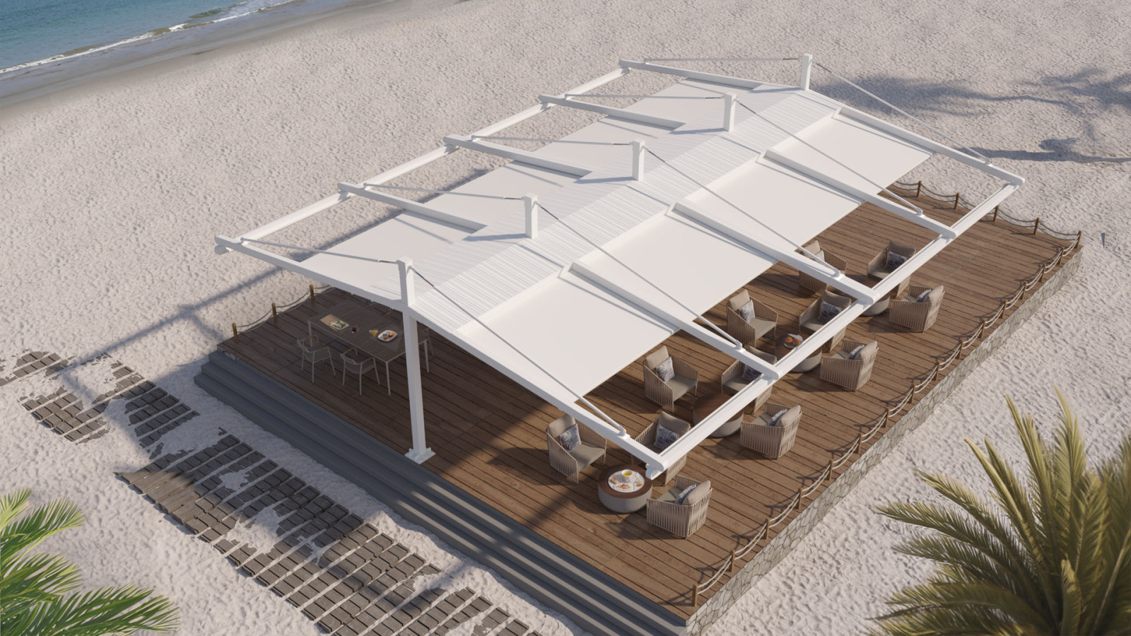 Image of a stylish house with a pool, outdoor furniture, and fabric pergolas with tilted roof