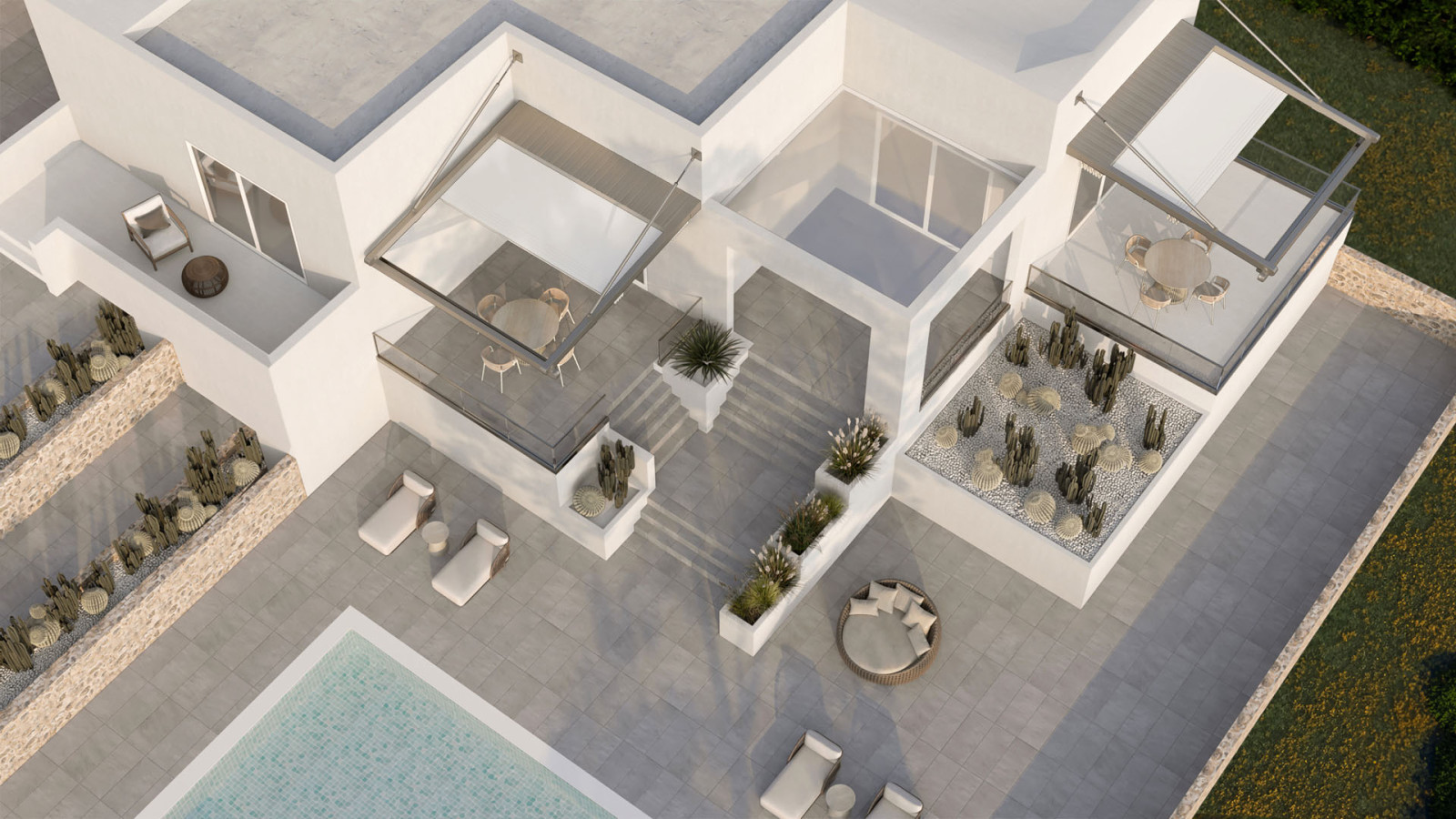 Image of a stylish house with a pool, outdoor furniture, and fabric pergolas with tilted roof