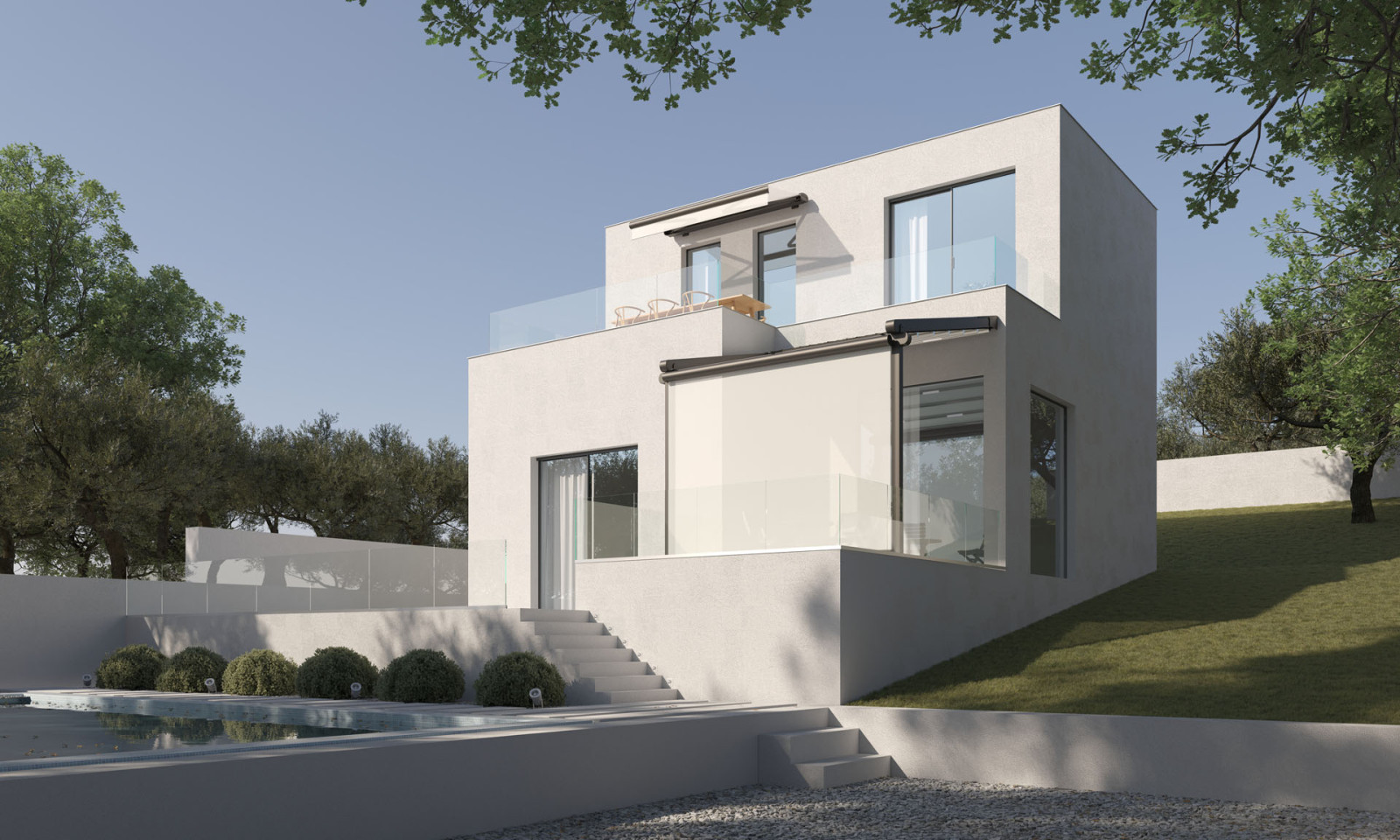 A modern house with a pool and a balcony, featuring a store system on villa