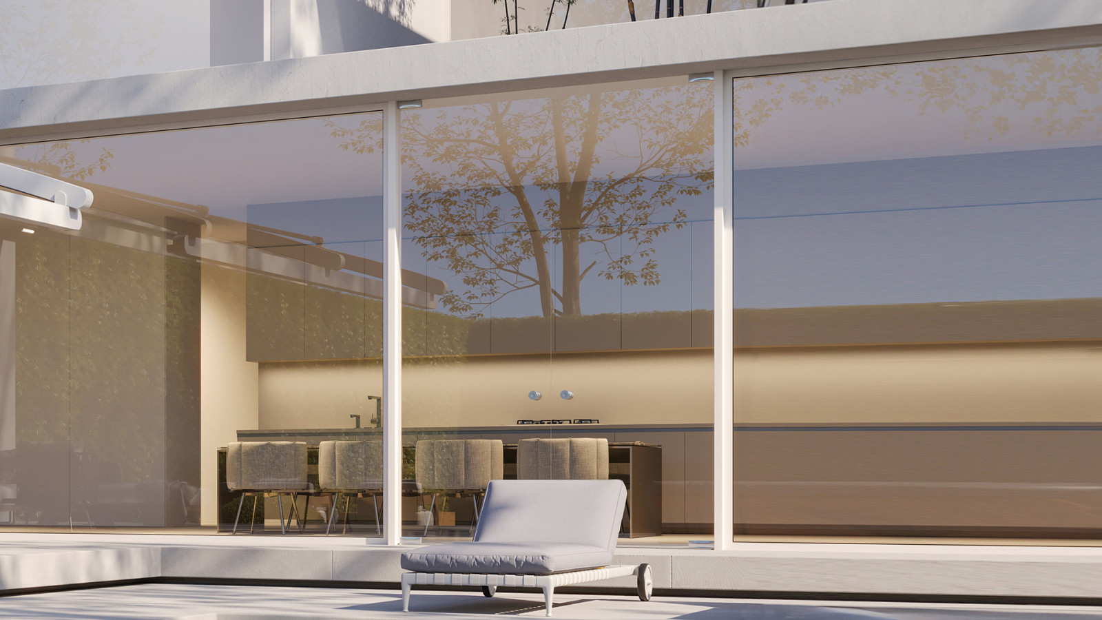 A sleek house with a patio and a transparent glass door, set in a serene outdoor setting.