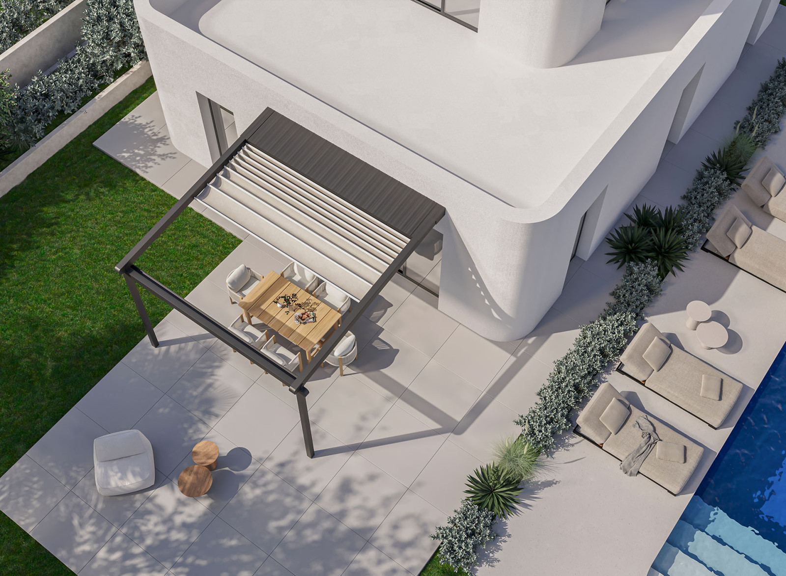 Image of a stylish house with a pool, outdoor furniture, and fabric pergolas with tilted roof