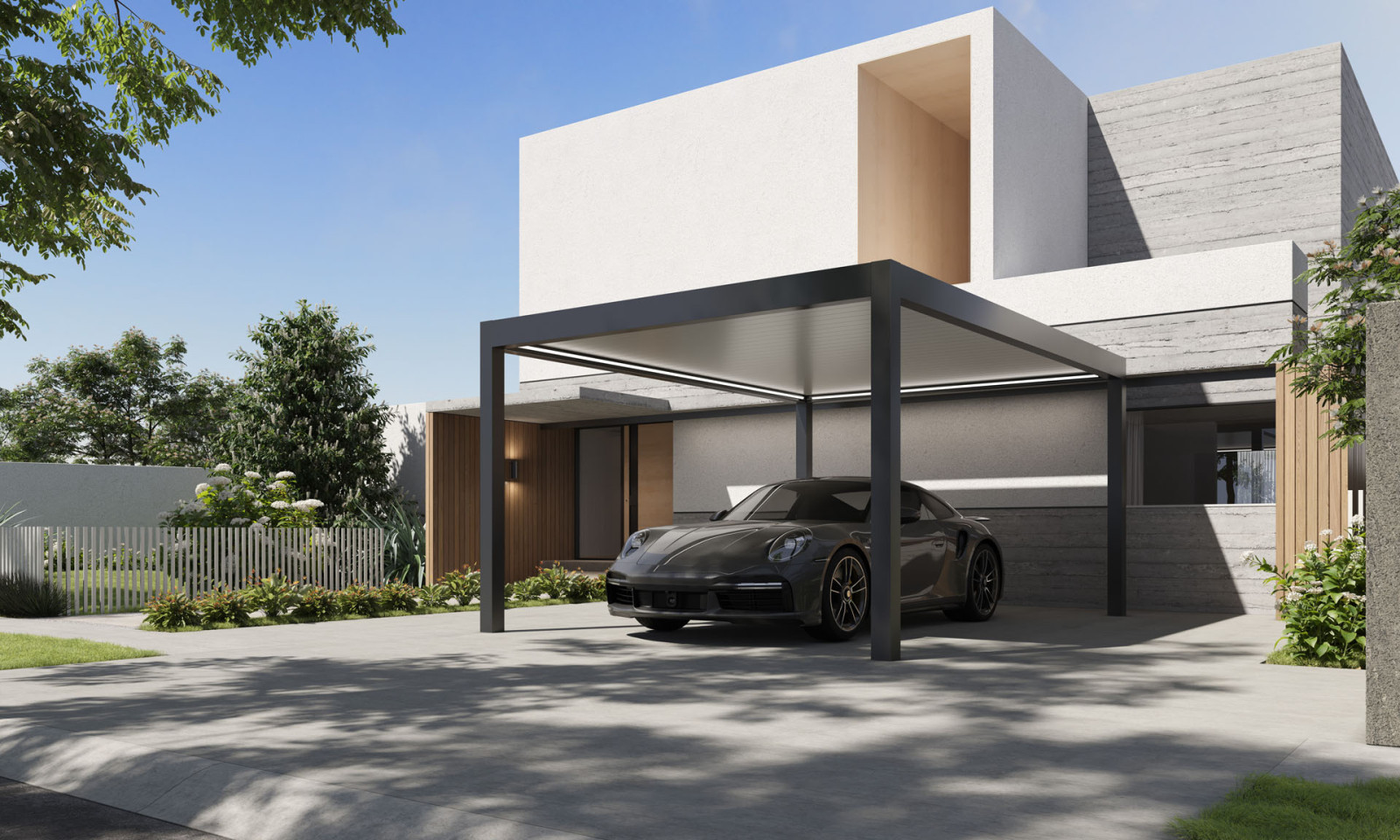 sports car parked in a carport belong to luxury villa