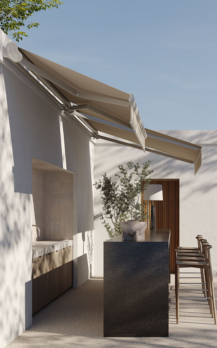 Minimal bar on a Patio featuring an awning for sun protection.