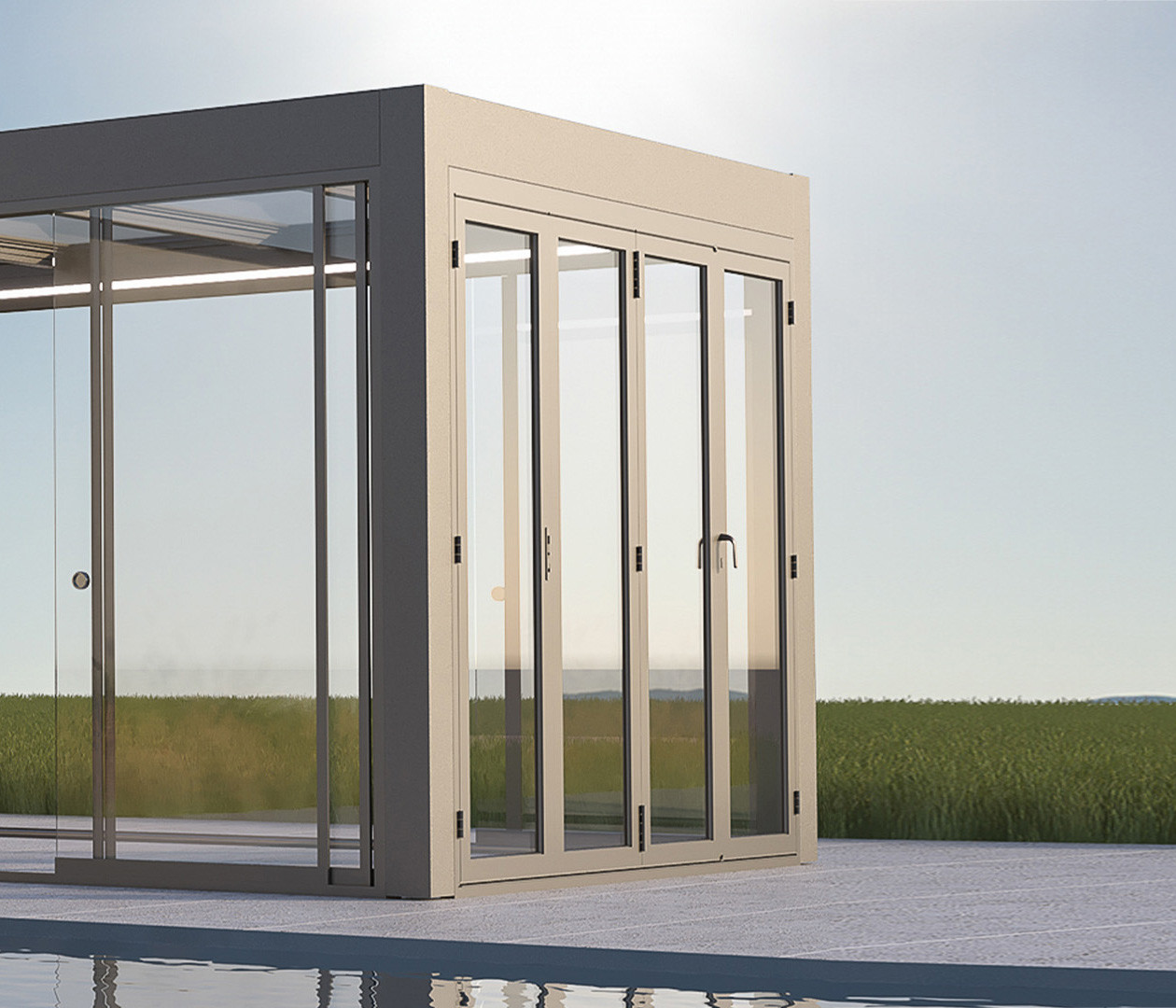 Foldable glass system enclosed room with a pool in the background.