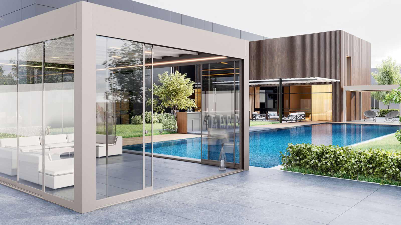 Modern house with Sliding Glass Systems featuring a glass enclosed pool area and patio with glass wall.