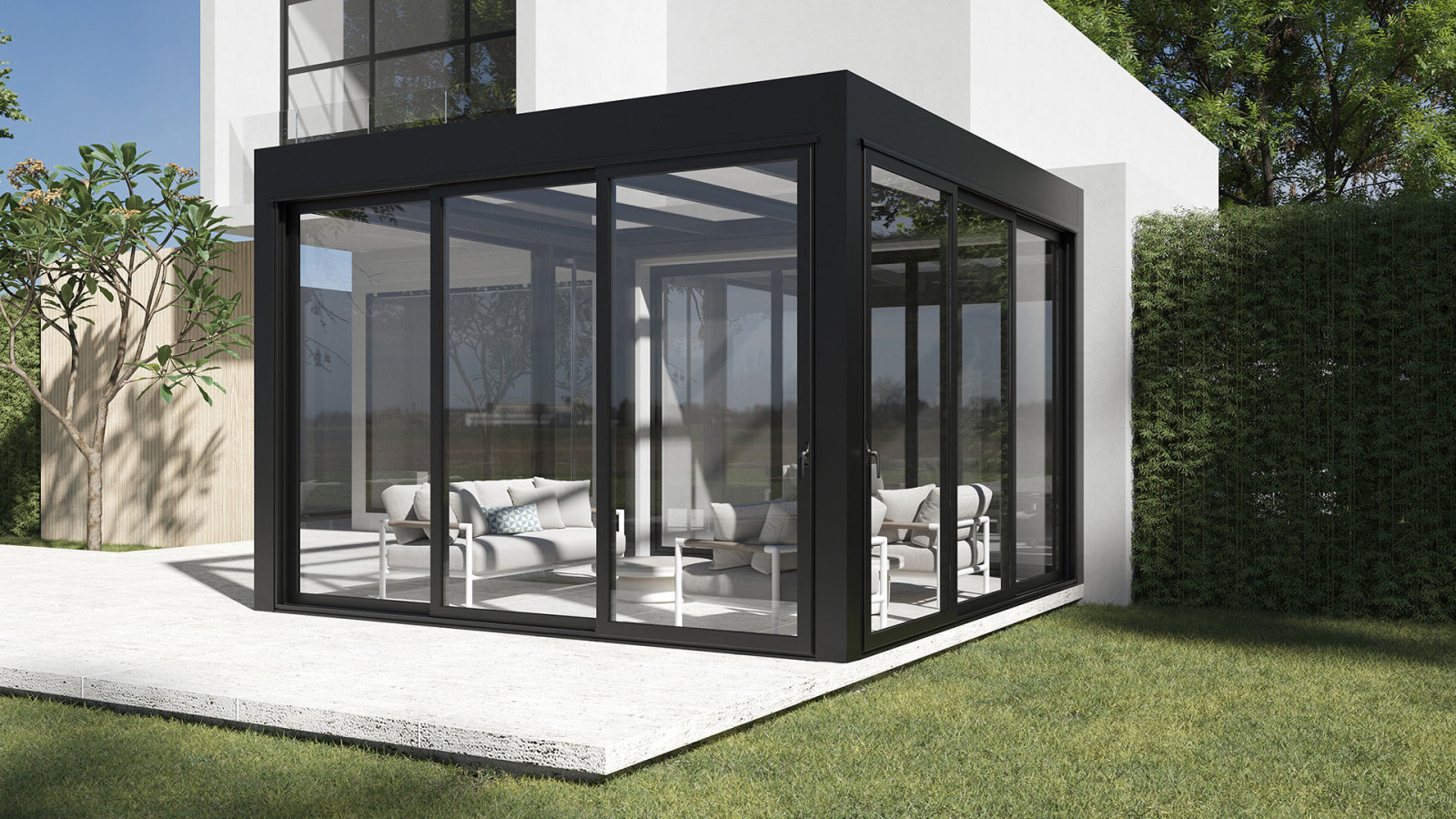 Modern house with Sliding Glass Systems featuring a glass enclosed pool area and patio with glass wall.