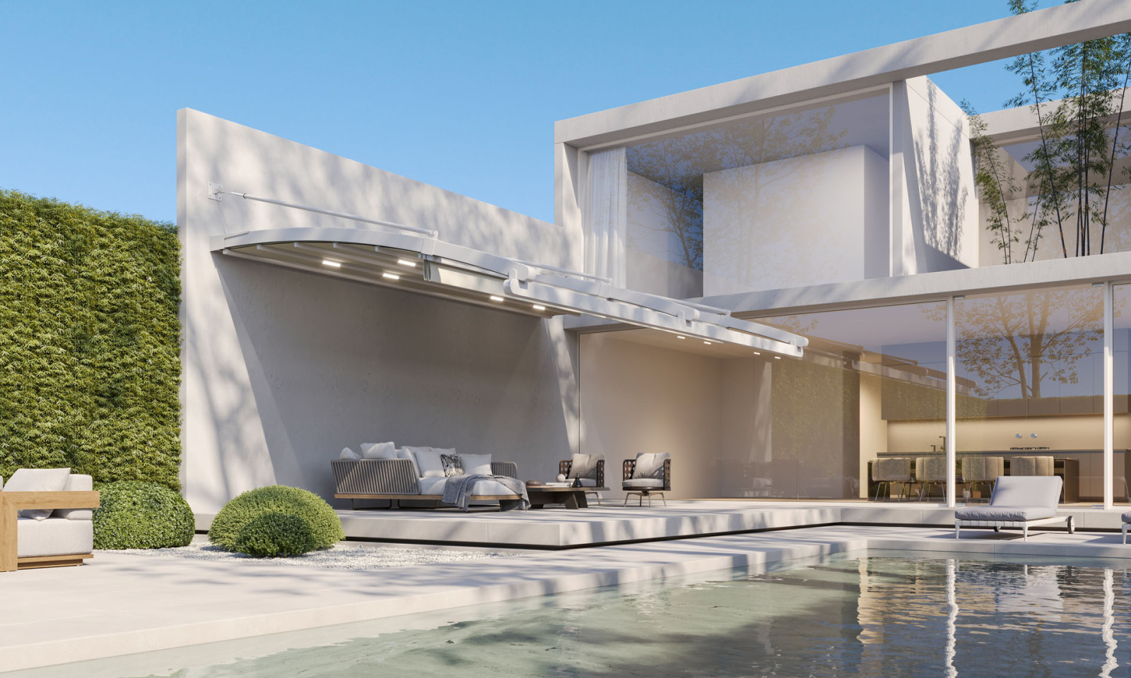 Image of a contemporary home with a pool and patio, including a fabric pergola