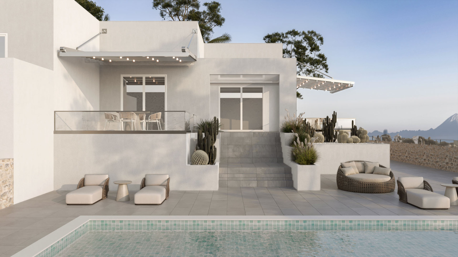 Image of a stylish house with a pool, outdoor furniture, and fabric pergolas with tilted roof