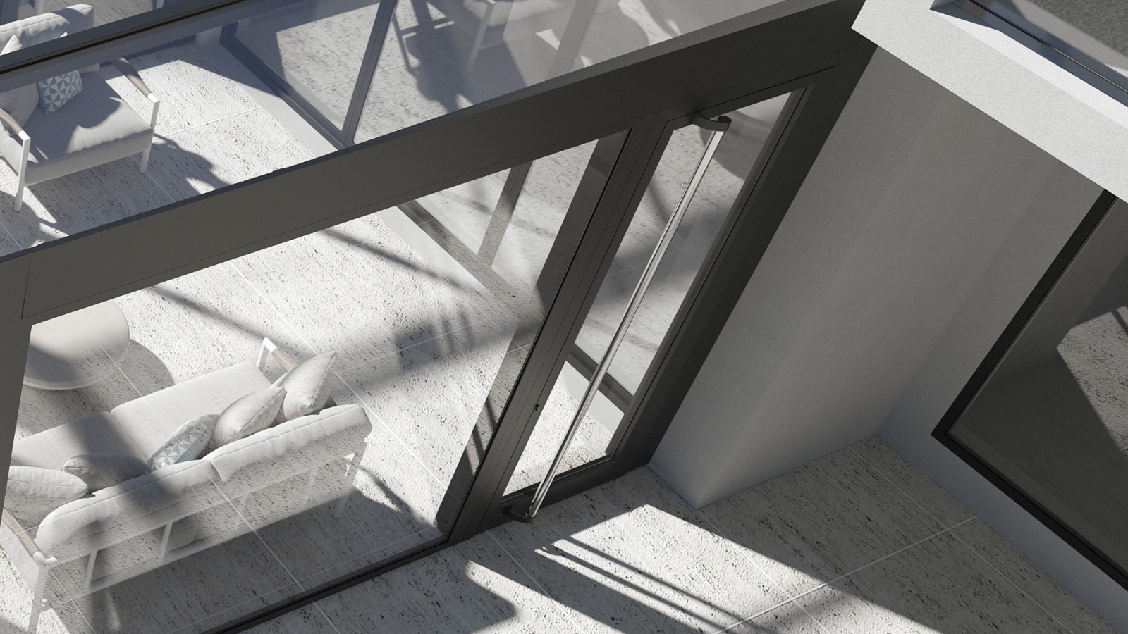 A sleek house with a patio and a transparent glass door, set in a serene outdoor setting.