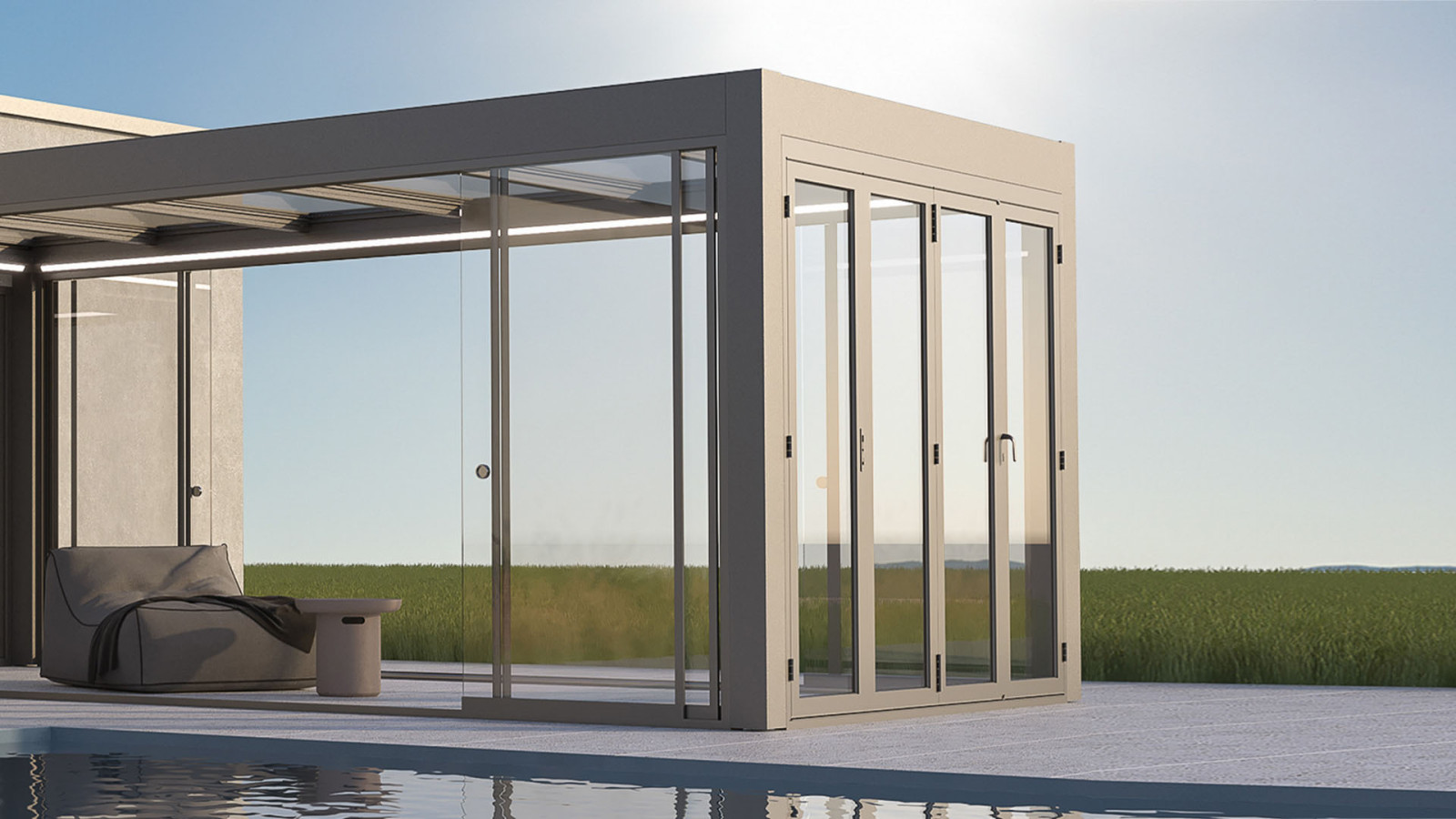 Foldable glass system enclosed room with a pool in the background.