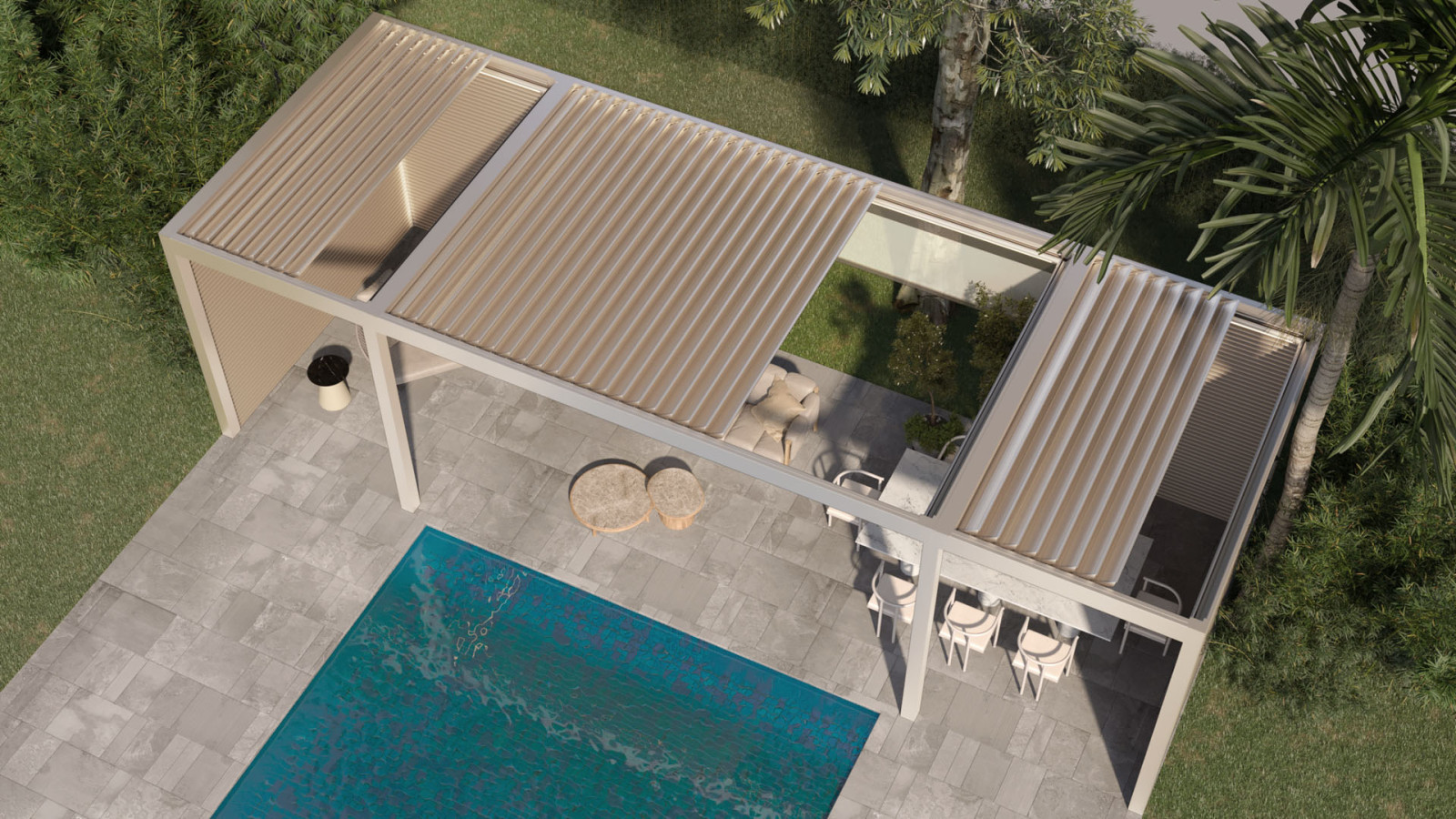 Image of a pool and patio featuring retractable bioclimatic pergolas.