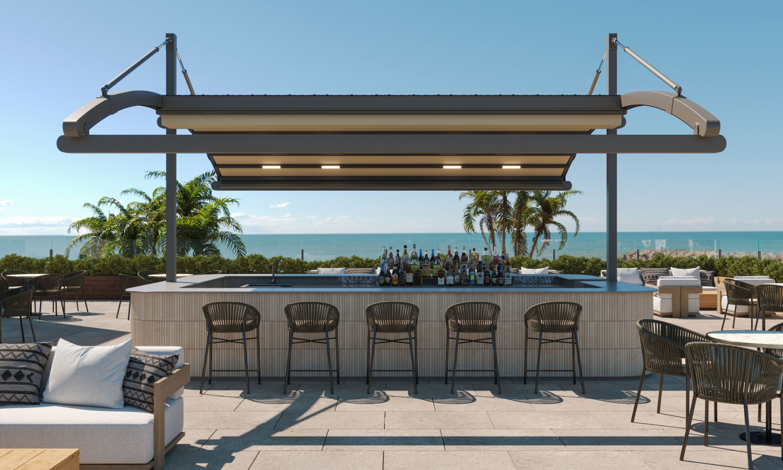 A bar outdoors covered by Fabric Pergola with rounded roof, providing a shaded spot for enjoying beverages.
