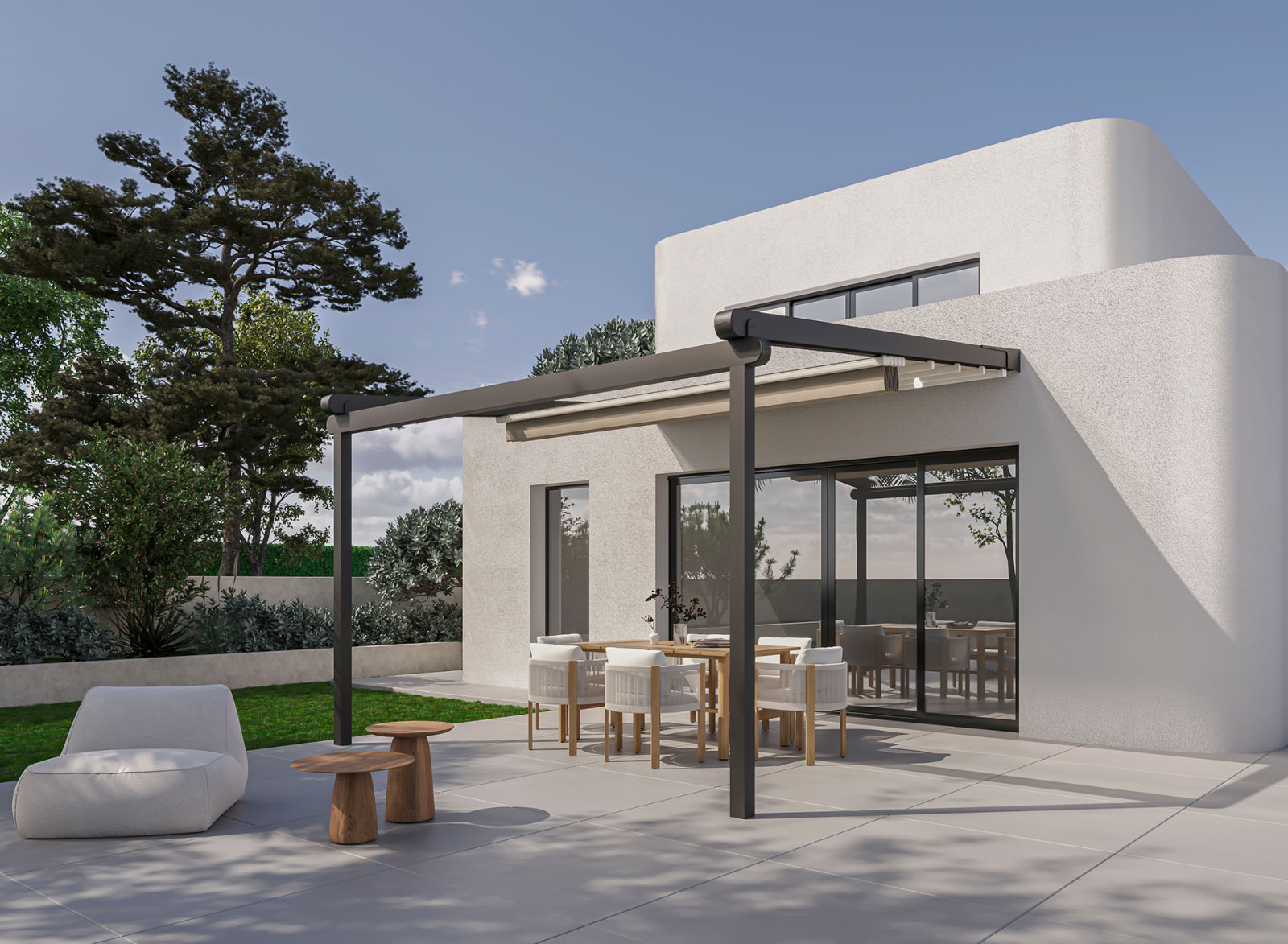 View of a stylish residence with a patio and outdoor furniture, showcasing fabric pergola with a tilted roof.