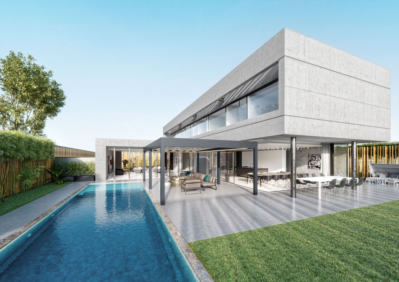 A serene pool area with fabric pergola with flat roof and seating.