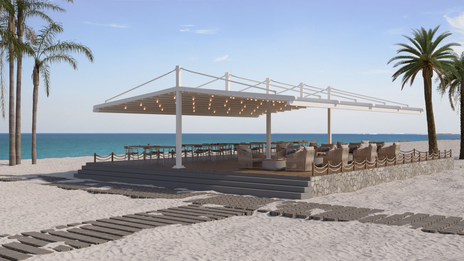 Image of a stylish house with a pool, outdoor furniture, and fabric pergolas with tilted roof
