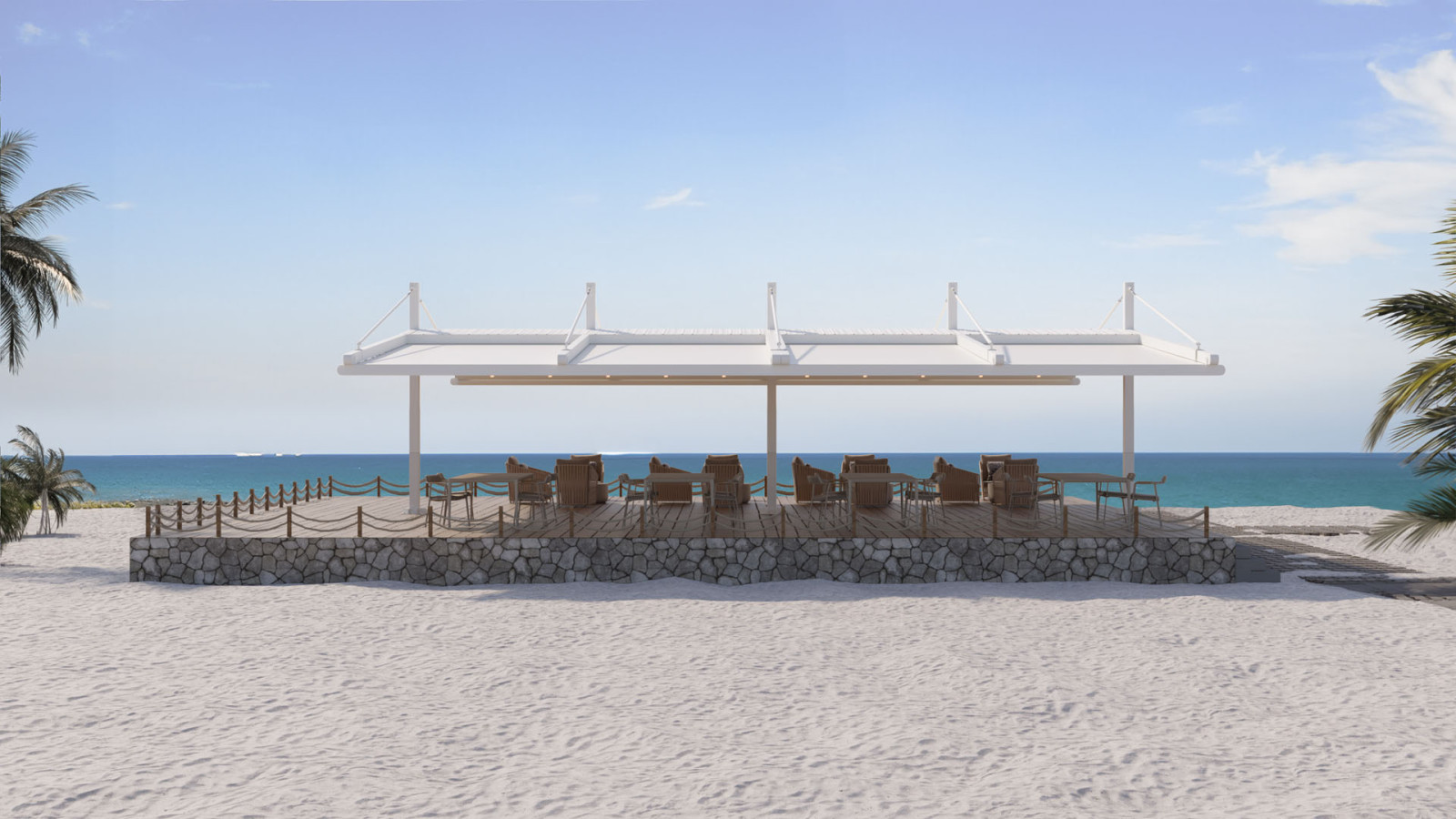 Image of a stylish house with a pool, outdoor furniture, and fabric pergolas with tilted roof