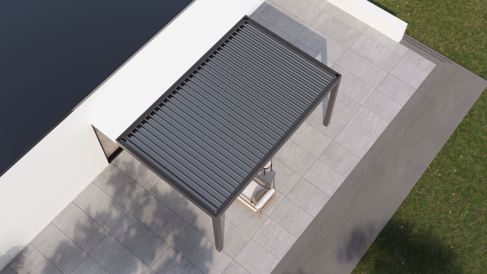 An outdoor patio with a fixed bioclimatic pergola covering