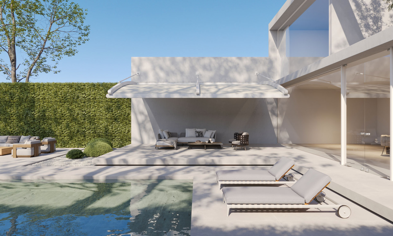 Image of a contemporary home with a pool and garden, showcasing fabric pergolas with a rounded roof.