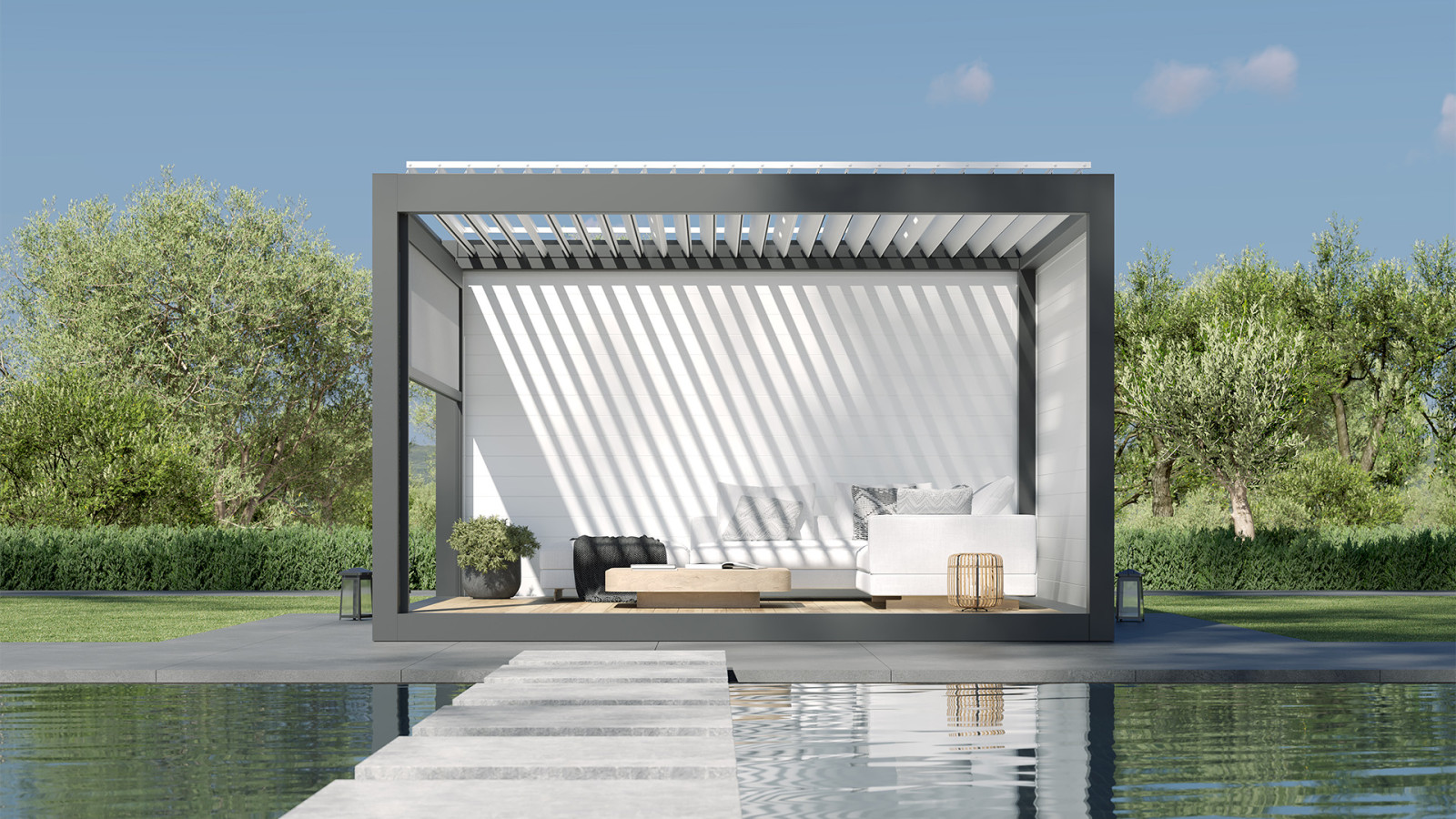 utdoor living space with pool, featuring modern design and comfortable seating area. covered by closure system of palmiye global