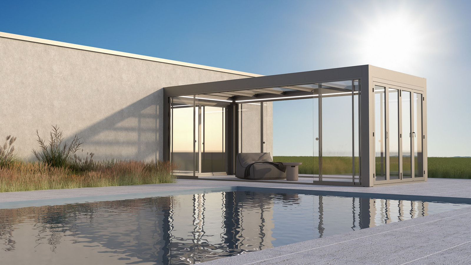 Pool with transparent barrier, glass roof pergola and outdoor seating