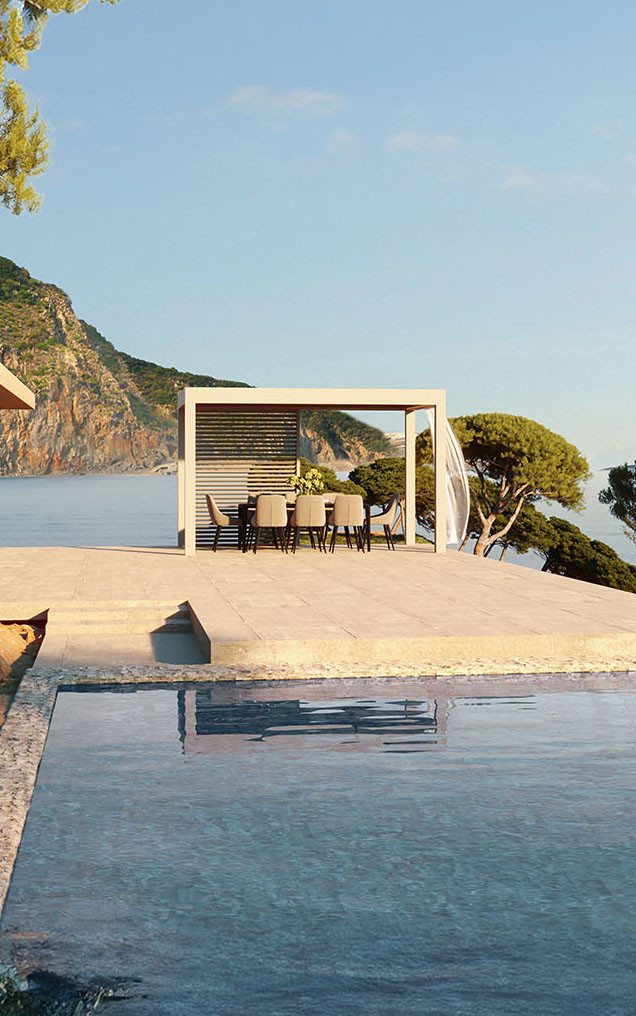 A pool and oceanfront house with  Palmiye Global's pergola system