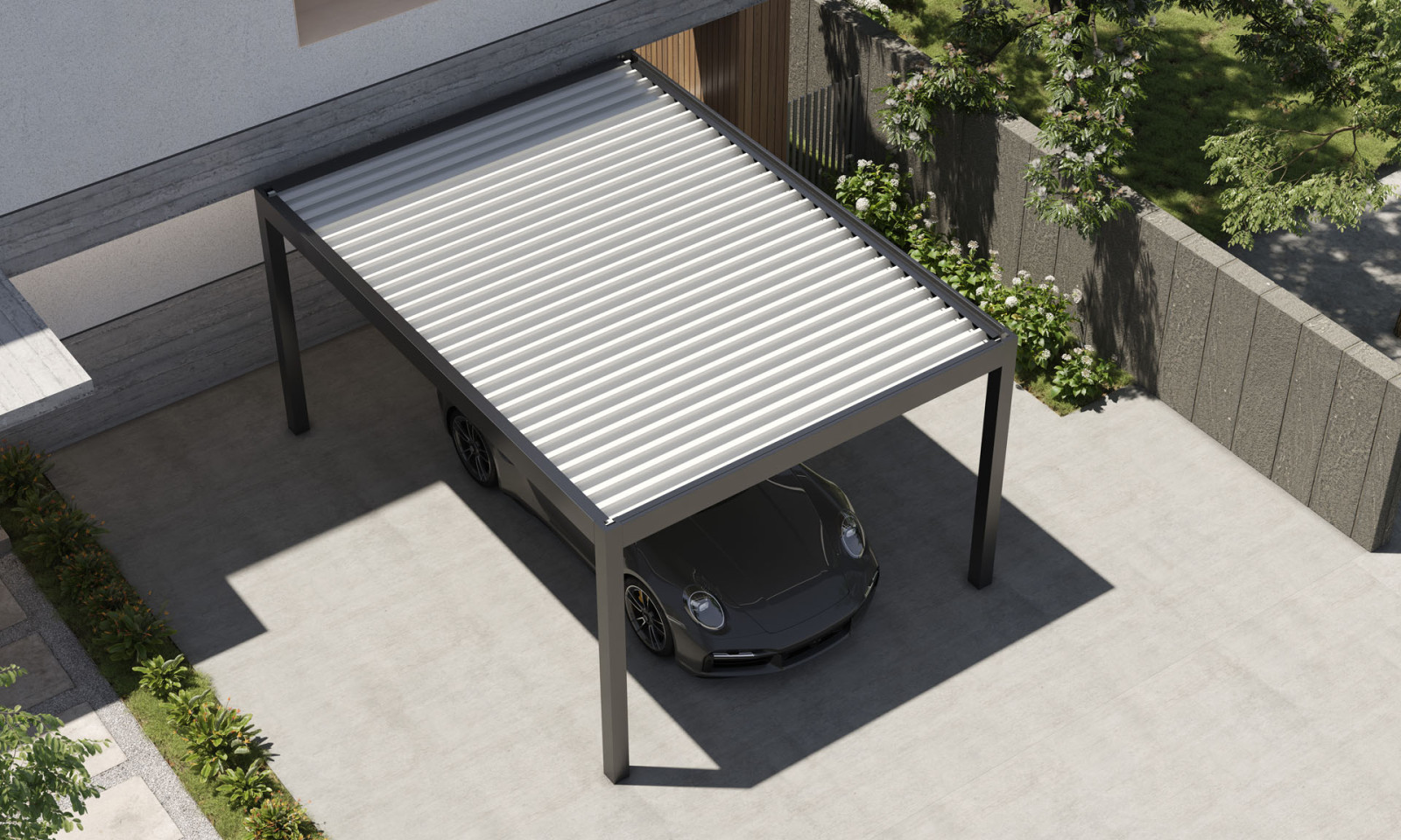 sports car parked in a carport belong to luxury villa