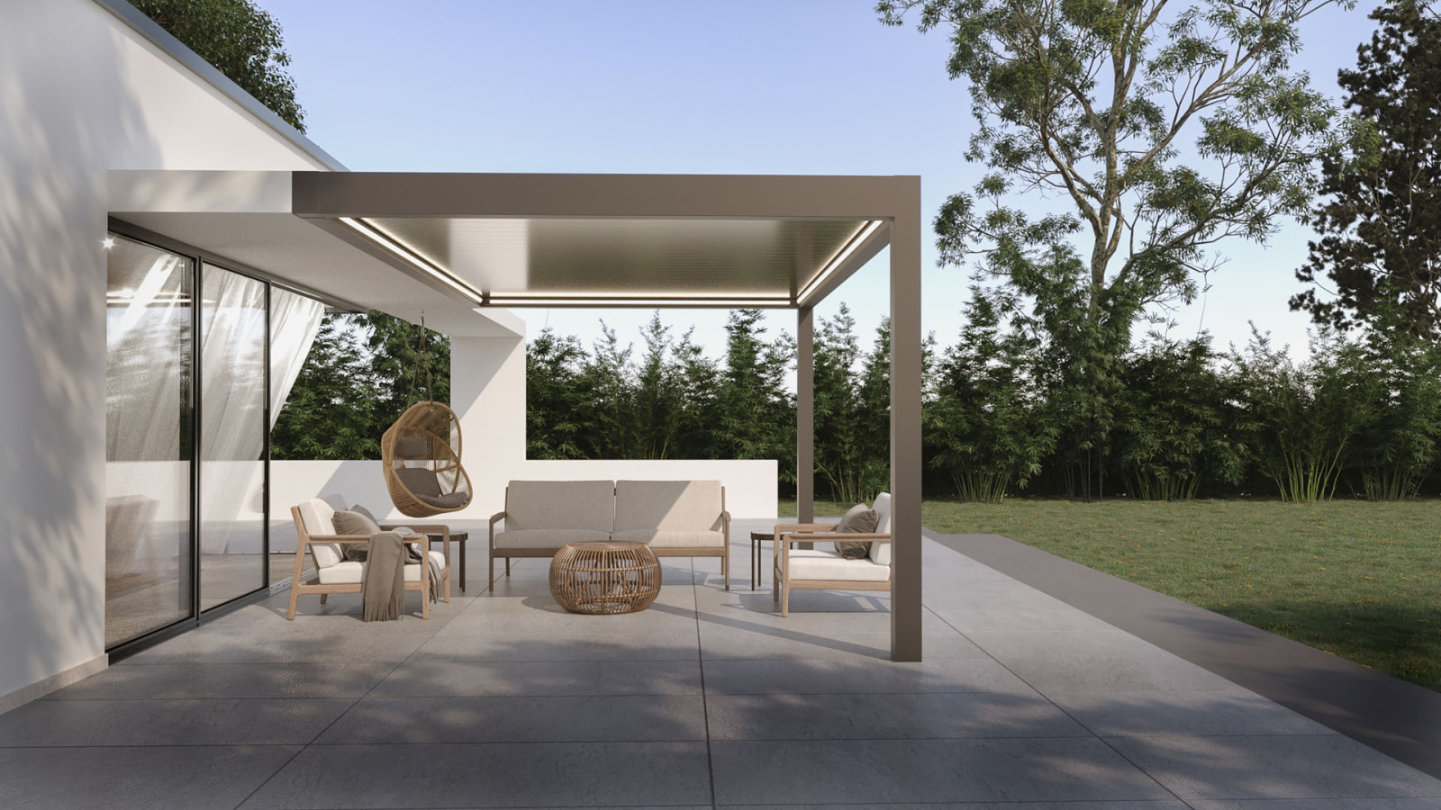 Outdoor seating on a patio with covered area and furniture under fixed bioclimatic pergola.