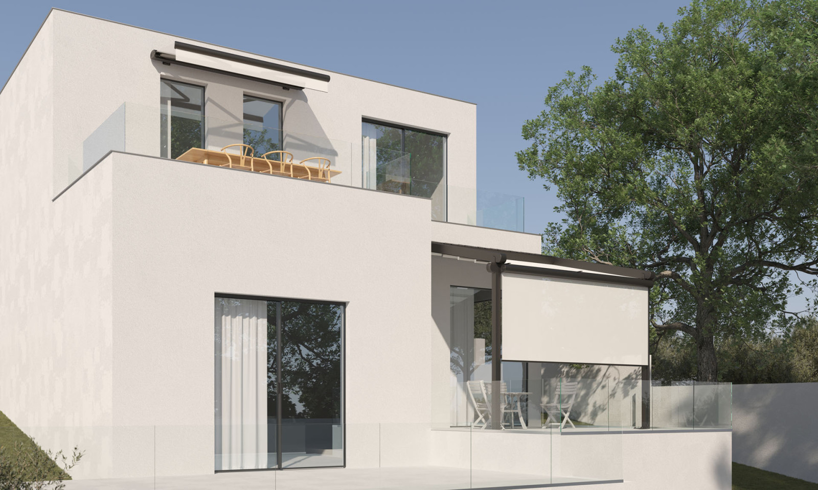 A modern house with a pool and a balcony, featuring a store system on villa