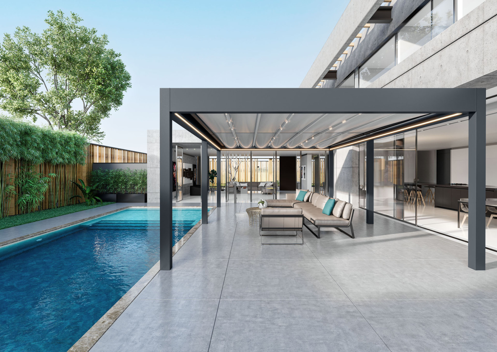 A serene pool area with fabric pergola with flat roof and seating.