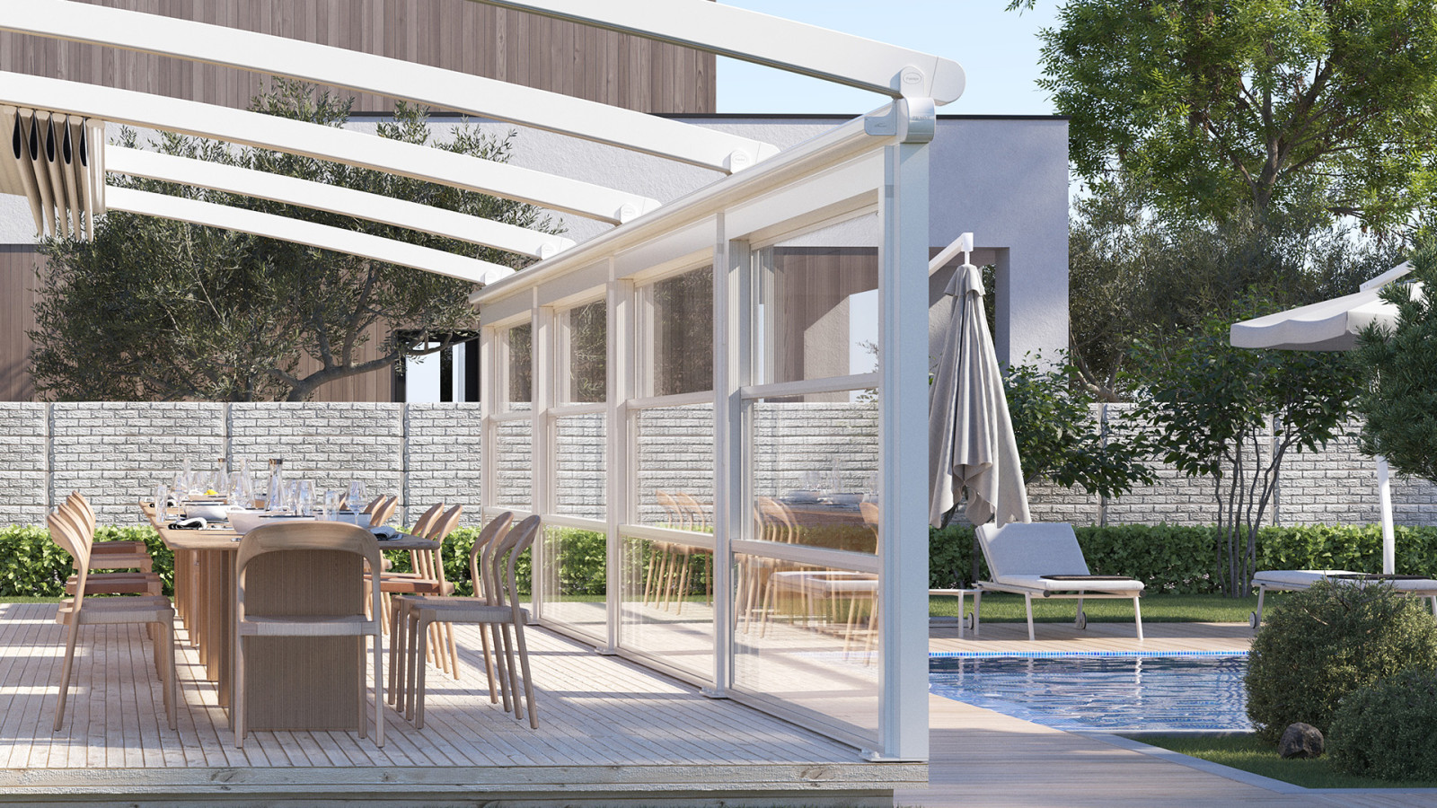 A yard patio featuring a table and chairs, with Parapet Systems in the background.