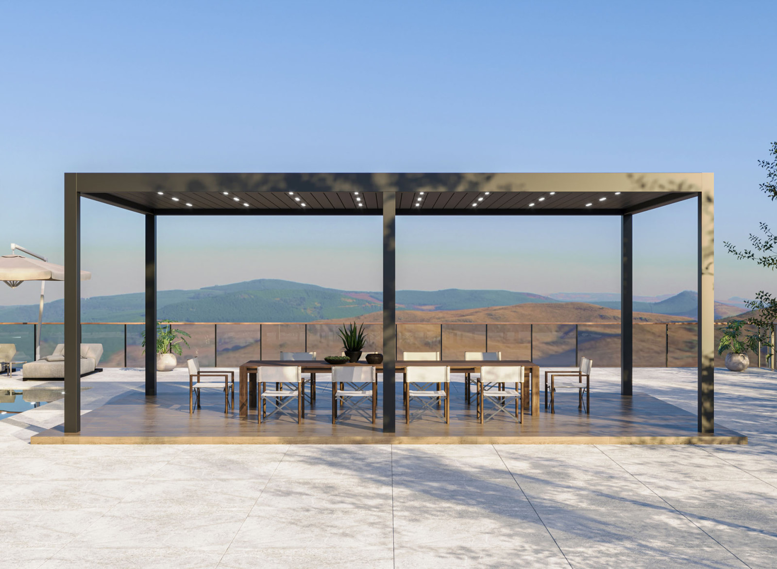 Verandada masa ve sandalyeler bulunan, döner panelli biyoklimatik pergola sistemi.