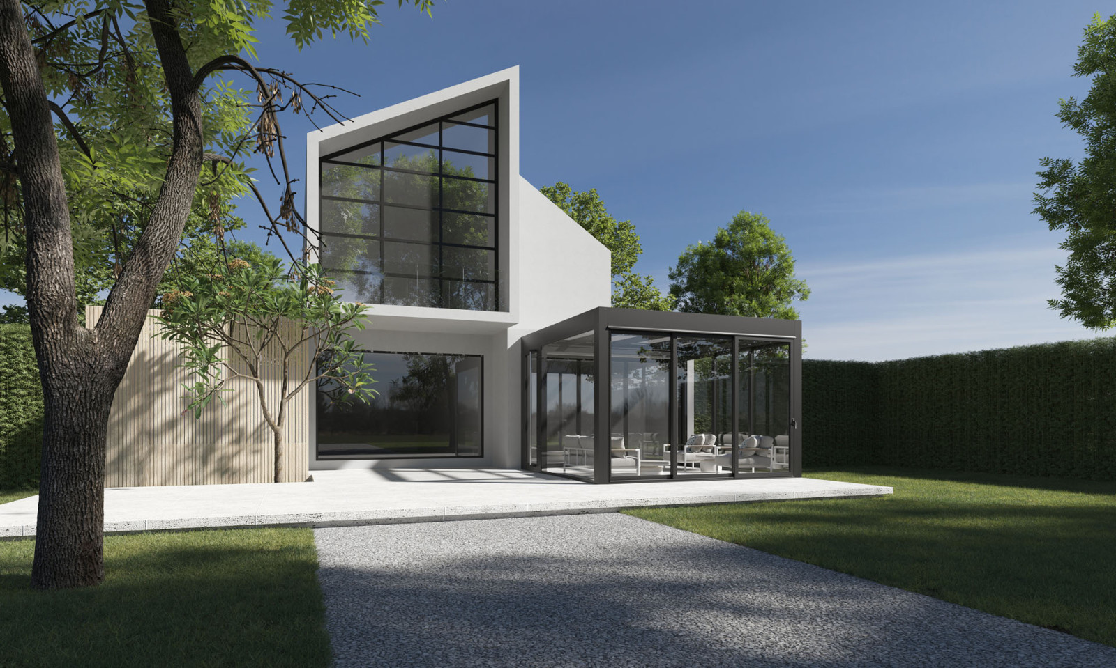 Modern villa with transparent barrier, glass roof pergola and outdoor seating