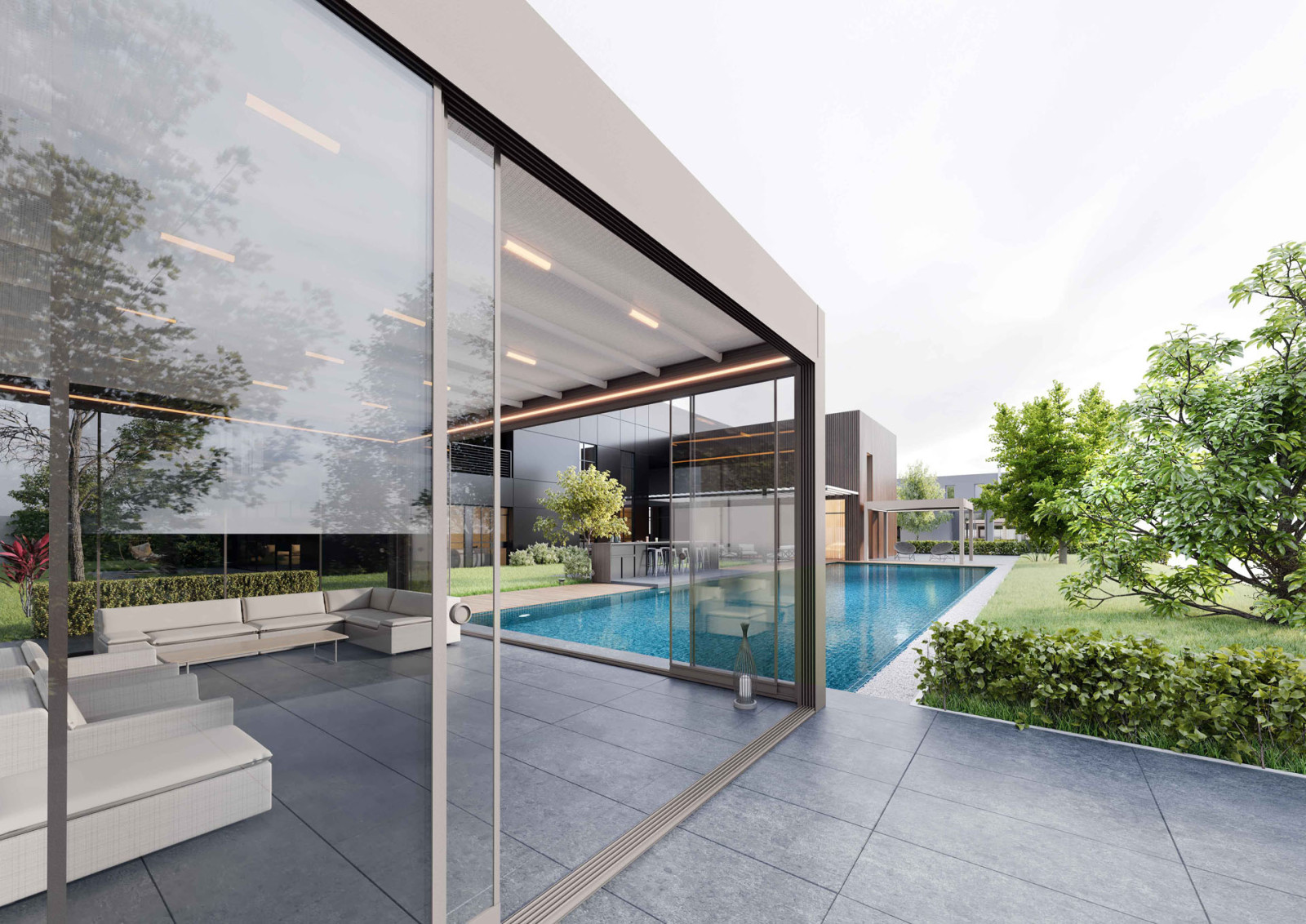 A serene pool area with fabric pergola with flat roof and seating.