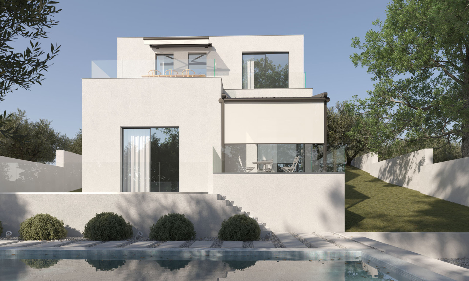 A modern house with a pool and a balcony, featuring a store system on villa