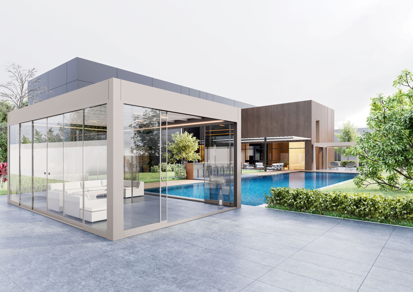 A serene pool area with fabric pergola with flat roof and seating.