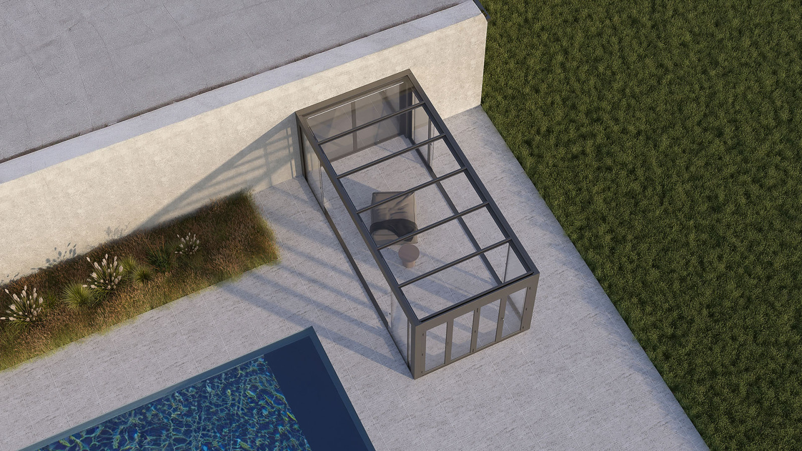 Top view of a Pool with transparent barrier, glass roof pergola and outdoor seating