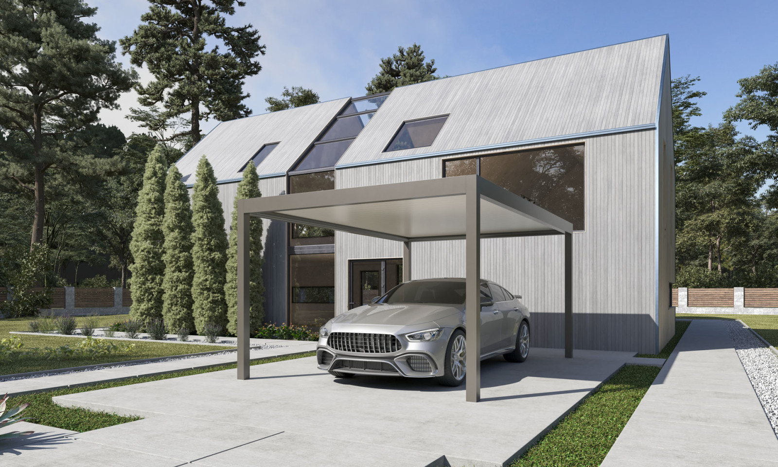 sports car parked in a carport belong to luxury villa