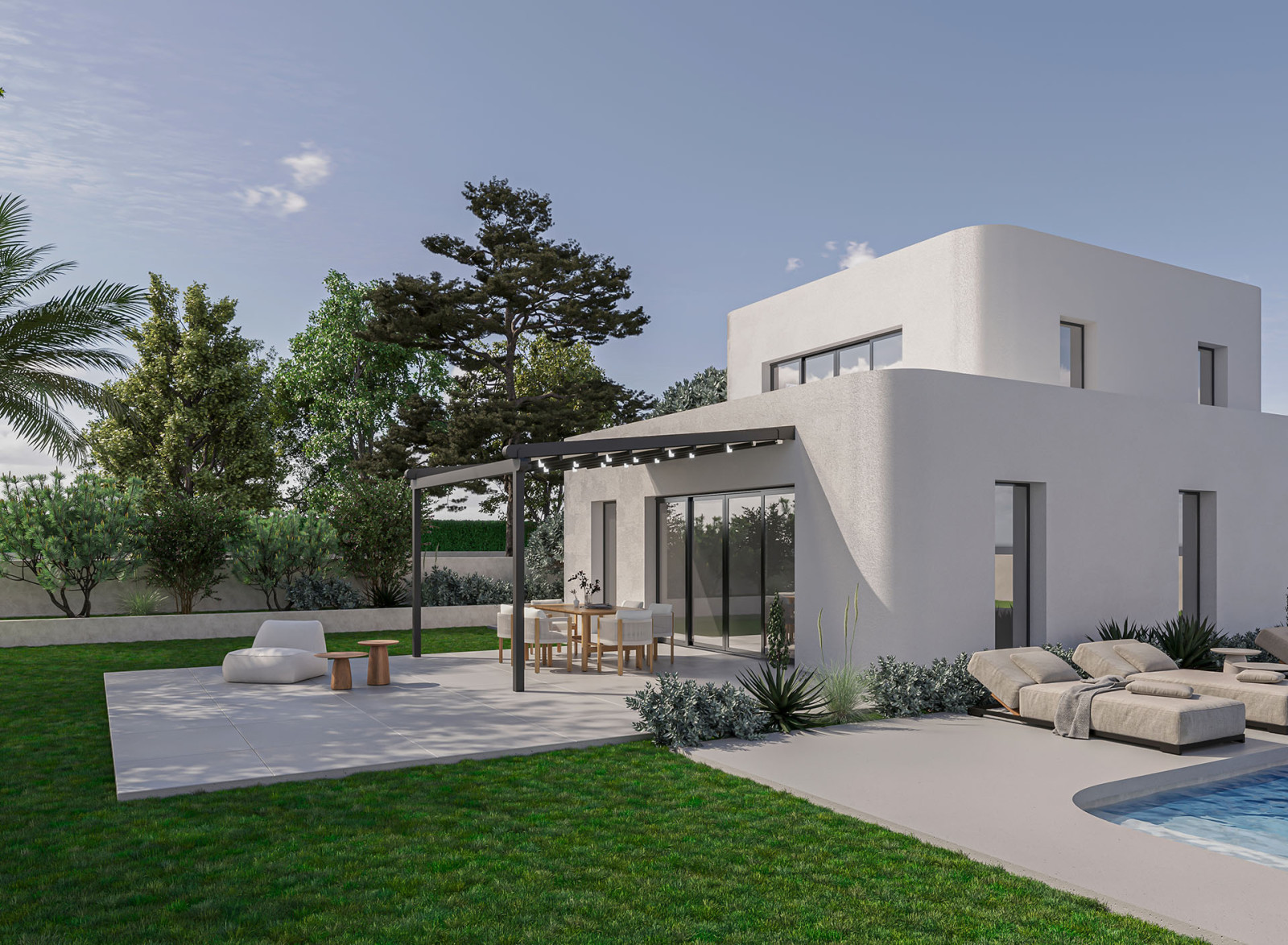 Contemporary villa featuring a pool and patio, Fabric Pergolas With Tilted Roof ideal for leisure and outdoor gatherings.