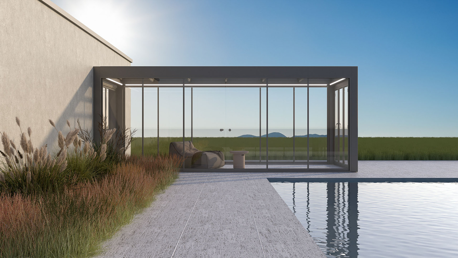 Pool with transparent barrier, glass roof pergola and outdoor seating