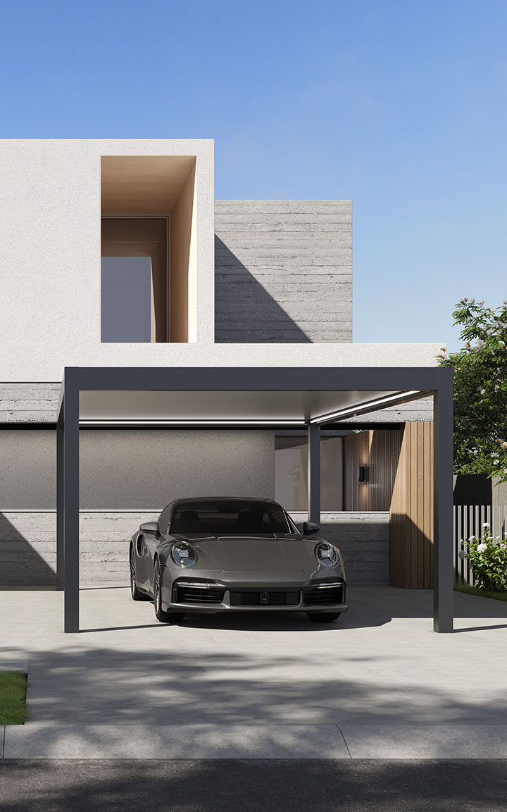 sports car parked in a carport belong to luxury villa