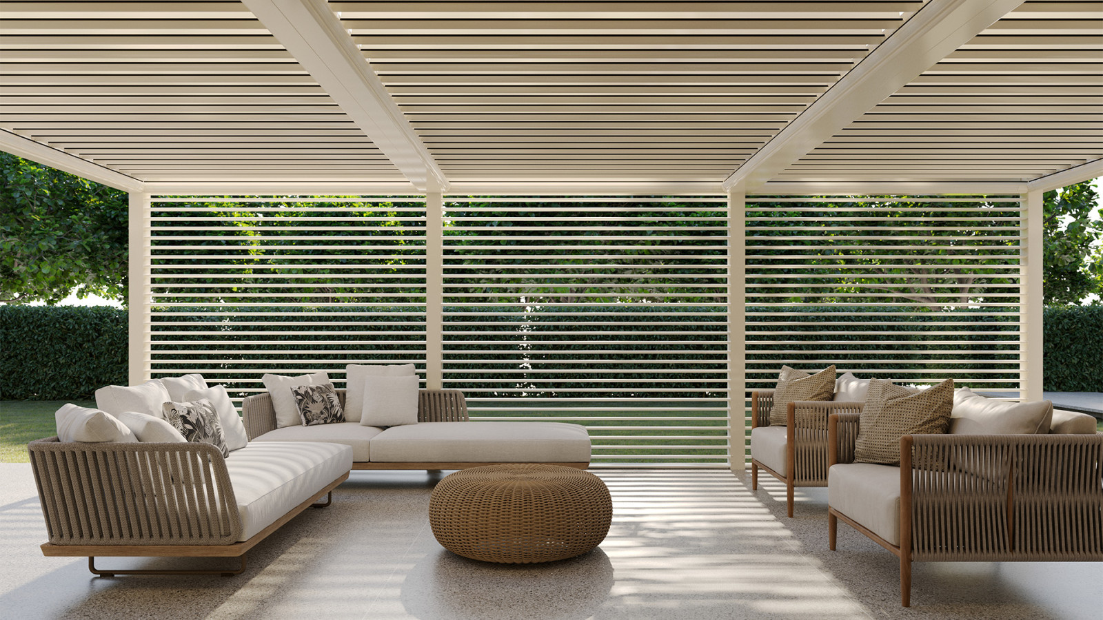White furniture in a contemporary outdoor space with a sun breaker.