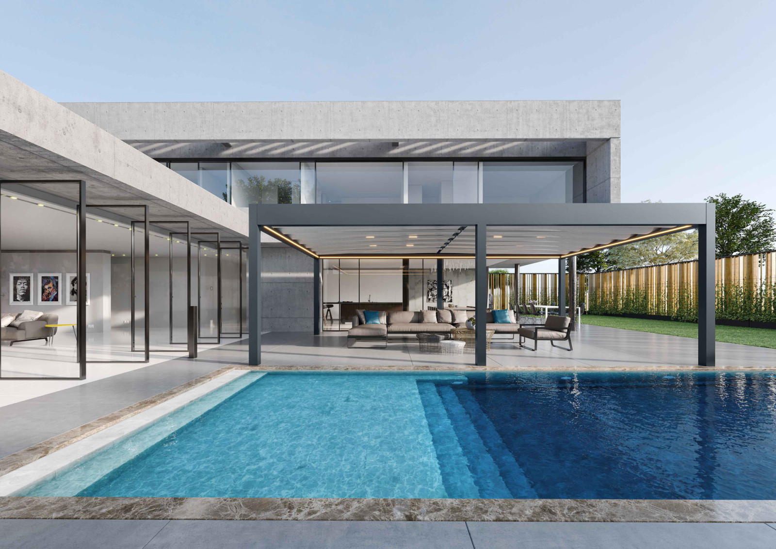 A serene pool area with fabric pergola with flat roof and seating.