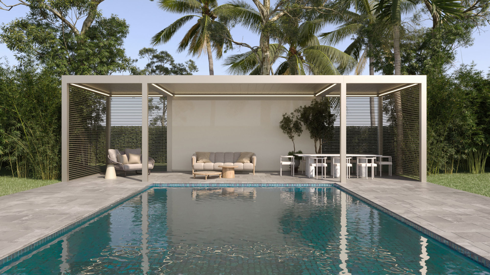 Image of a pool and patio featuring retractable bioclimatic pergolas.