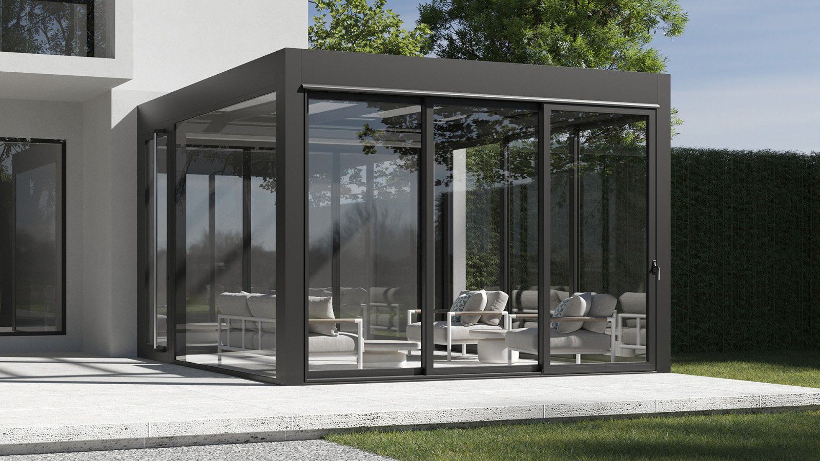 Modern house with Sliding Glass Systems featuring a glass enclosed pool area and patio with glass wall.