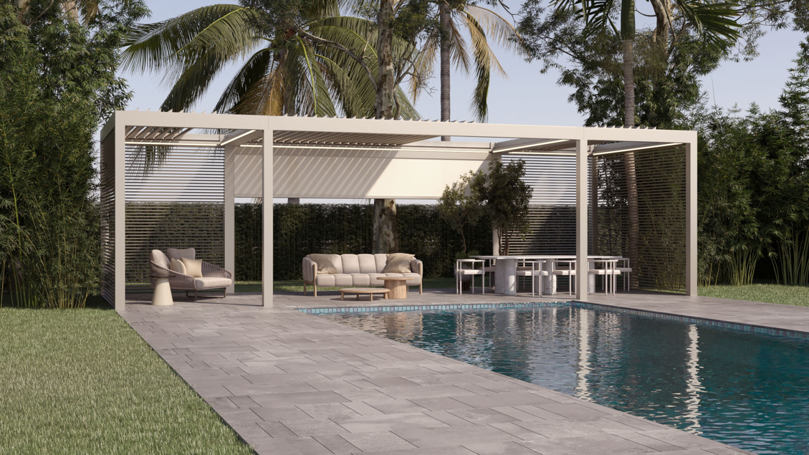 A serene pool surrounded by a bioclimatic pergola of palmiye global and lounge chairs, perfect for relaxation and soaking up the sun.