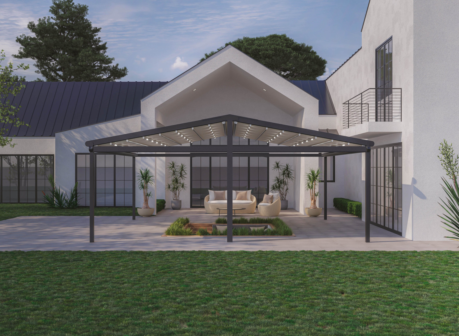 Image of a stylish house with a pool, outdoor furniture, and fabric pergolas with tilted roof
