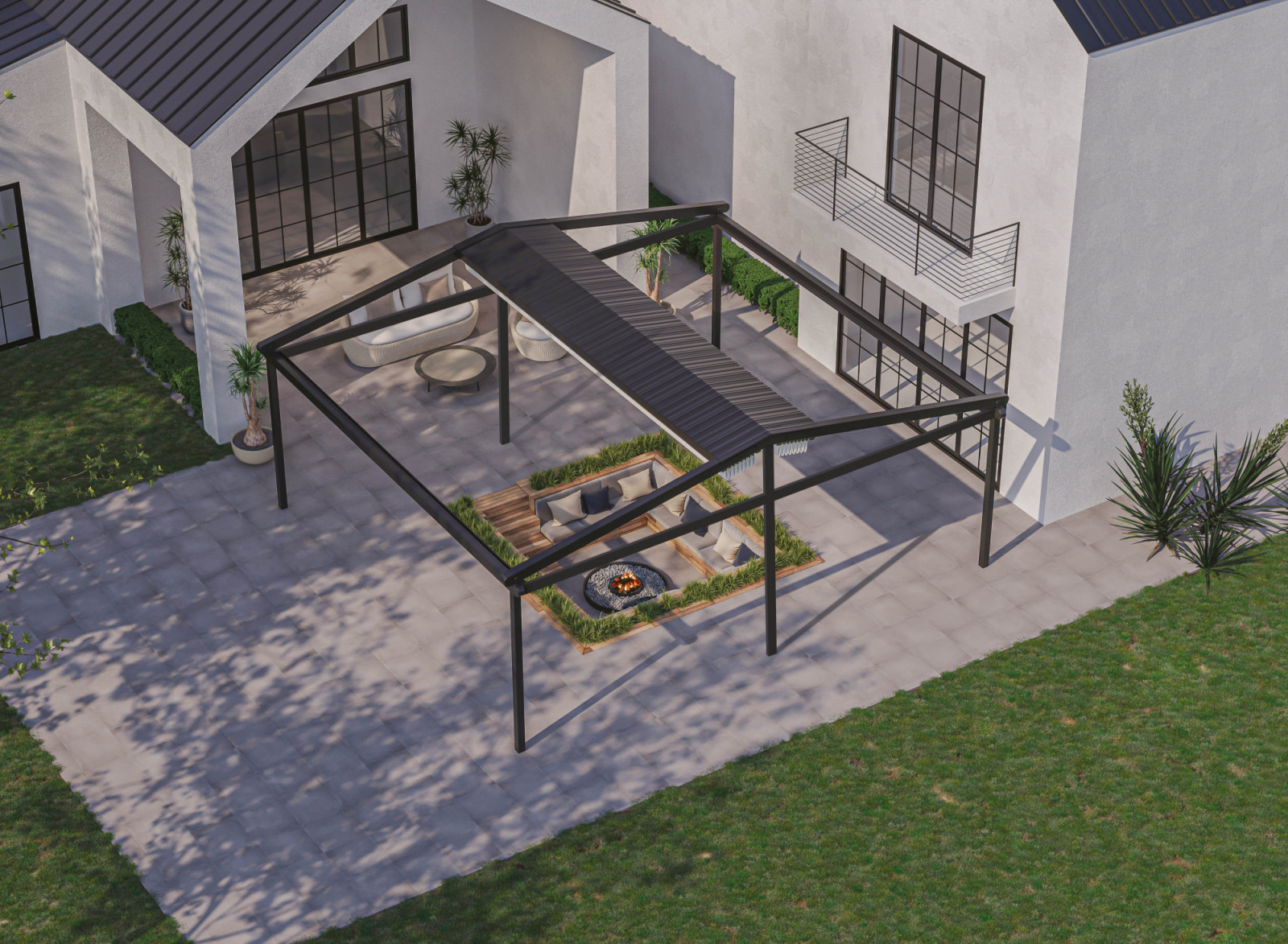 Image of a stylish house with a pool, outdoor furniture, and fabric pergolas with tilted roof