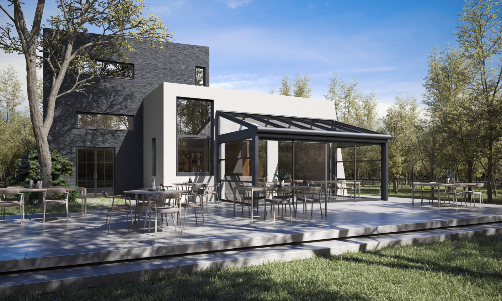 A contemporary house with a functional Winter Garden featuring a patio and a glass roof.
