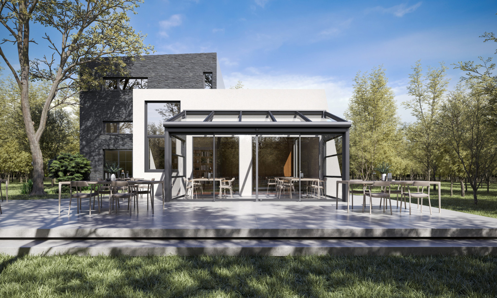 A contemporary house with a functional Winter Garden featuring a patio and a glass roof.
